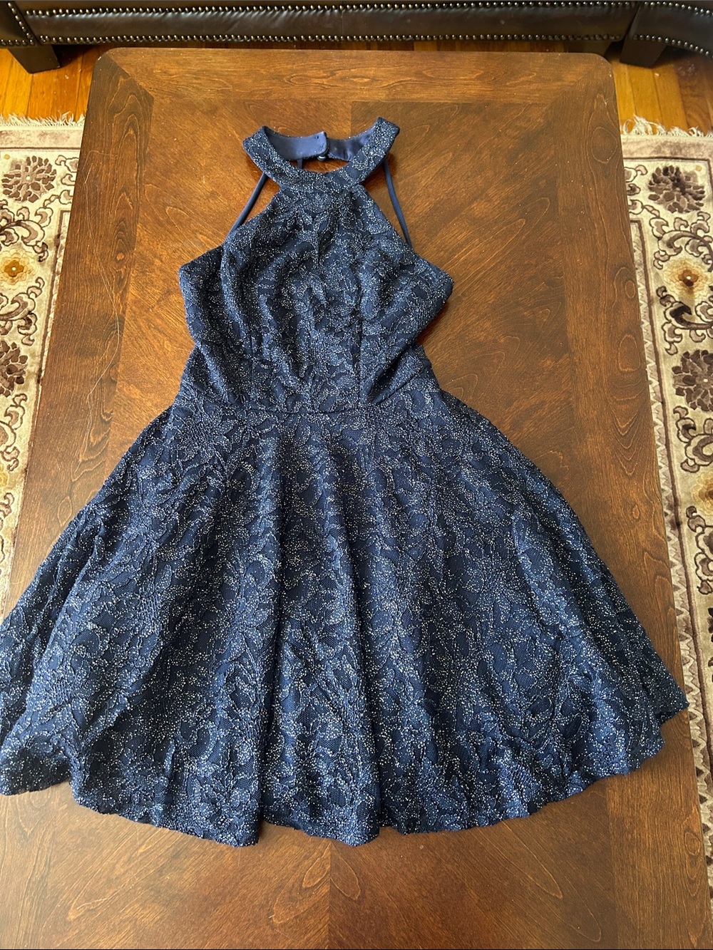 Girls' Navy Glitter Lace Halter Dress